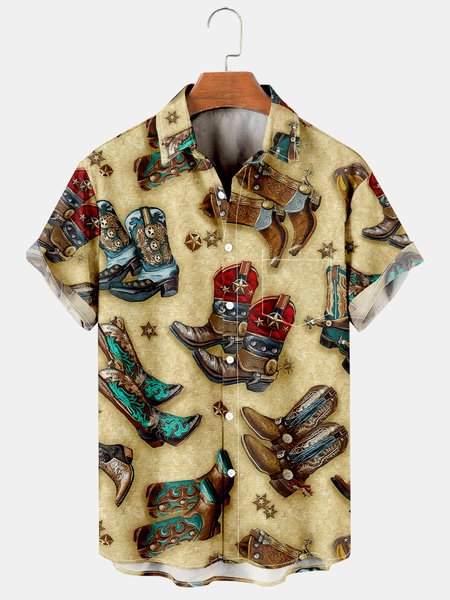 

Men's Vintage Print Casual Breathable Short Sleeve Hawaiian Shirt, Khaki, Men's Floral shirt