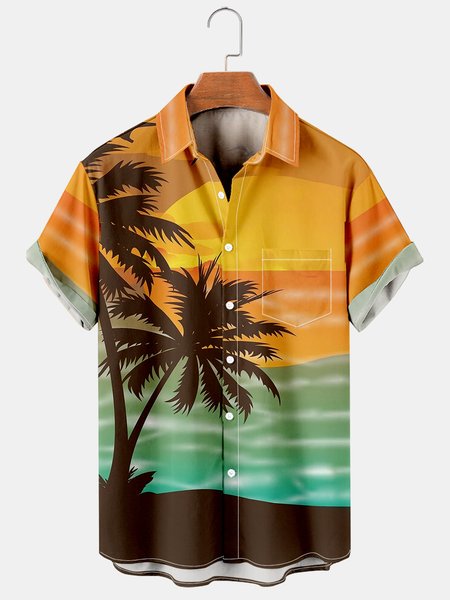 

Men's Hawaiian Print Lapel Loose Chest Pocket Short Sleeve Trendy Aloha Shirt, As picture, Men's Floral shirt