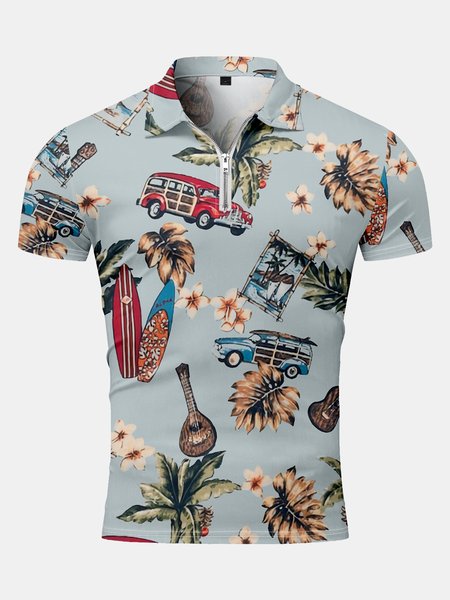 

Holiday Style Hawaiian Series Plant Leaves And Floral Elements Lapel Short-Sleeved Polo Print Top, Light blue, Men's t-shirts