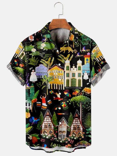 

Men's Retro Casual Breathable Short Sleeve Hawaiian Shirt with Chest Pocket, Green, Men's Floral shirt