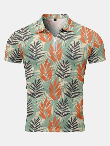

Vacation Style Hawaiian Series Plant Leaf Element Lapel Short-Sleeved Polo Print Top, Green, Men's t-shirts