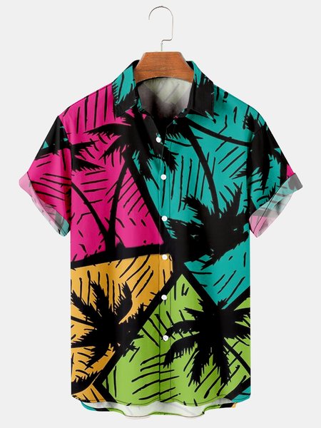

Men's Marine Botanical Print Hawaiian Short Sleeve Shirt, As picture, Men's Floral shirt
