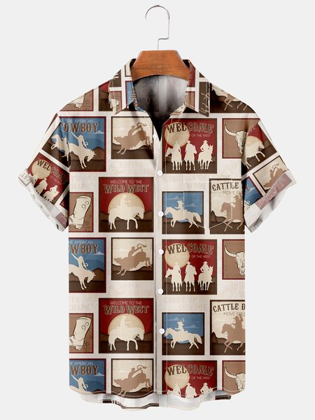 

Men's Western Denim Style Breathable Short Sleeve Hawaiian Shirt, Khaki, Men's Floral shirt