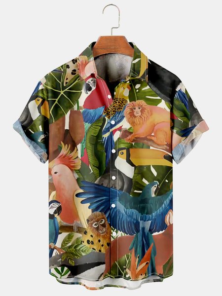 

Men's Marine Botanical Print Hawaiian Short Sleeve Shirt, As picture, Men's Floral shirt