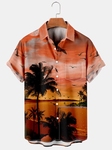 

Men's Hawaiian Print Lapel Loose Chest Pocket Short Sleeve Trendy Aloha Shirt, As picture, Men's Floral shirt