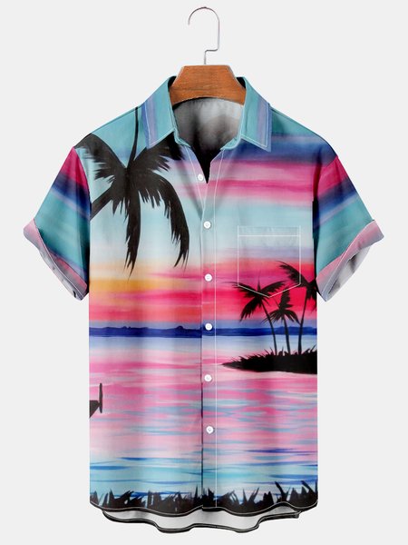 

Mens Hawaiian Leaves Print Lapel Loose Chest Pockets Short Sleeve Funky Aloha Shirts, As picture, Men's Floral shirt