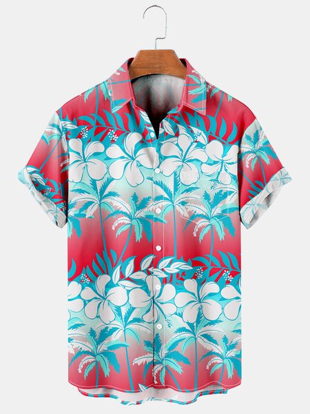 

Men's Hawaiian Print Lapel Loose Chest Pocket Short Sleeve Trendy Aloha Shirt, As picture, Men's Floral shirt