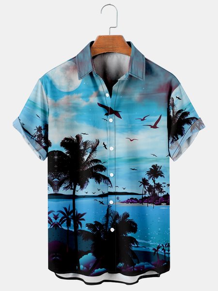 

Mens Hawaiian Leaves Print Lapel Loose Chest Pockets Short Sleeve Funky Aloha Shirts, As picture, Men's Floral shirt