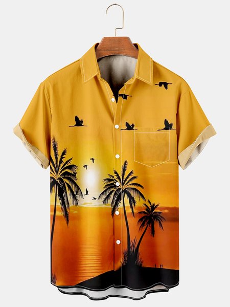 

Men's Hawaiian Print Lapel Loose Chest Pocket Short Sleeve Trendy Aloha Shirt, As picture, Men's Floral shirt