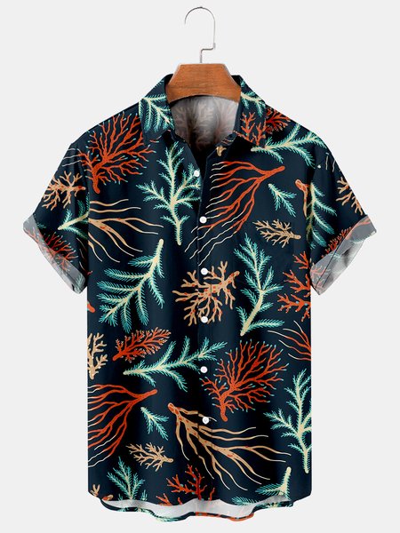 

Men's Leaf Printed Casual Short Sleeve Hawaiian Shirt with Chest Pocket, Deep blue, Men's Floral shirt