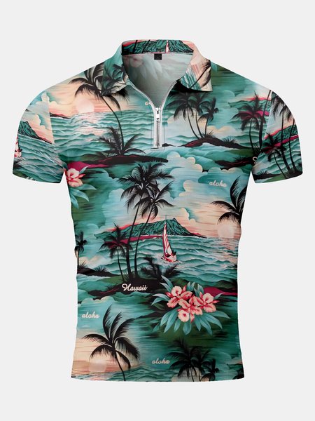 

Resort-Style Hawaiian Floral Coconut Tree Element Pattern Lapel Short-Sleeved Polo Print Top, Green, Men's t-shirts