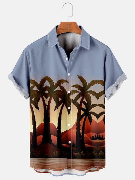 

Men's Hawaiian Print Lapel Loose Chest Pocket Short Sleeve Trendy Aloha Shirt, As picture, Men's Floral shirt