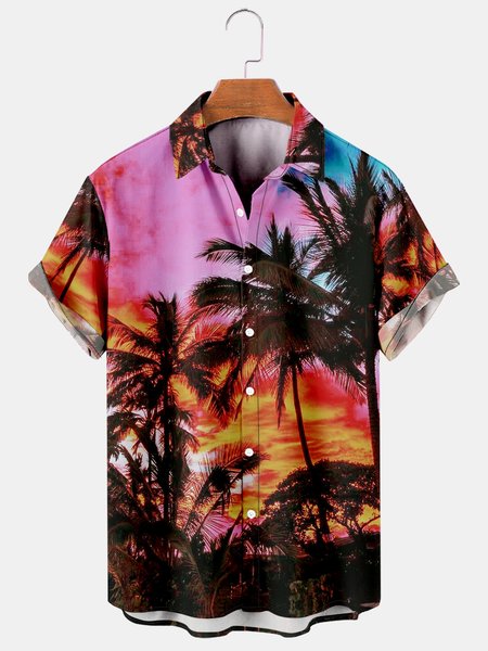 

Mens Hawaiian Leaves Print Lapel Loose Chest Pockets Short Sleeve Funky Aloha Shirts, As picture, Men's Floral shirt