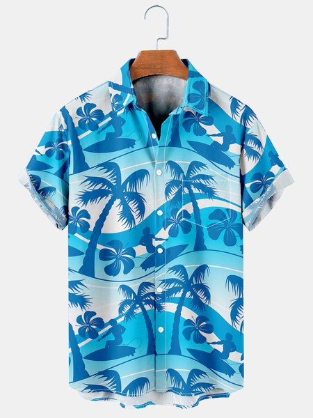

Men's Hawaiian Print Lapel Loose Chest Pocket Short Sleeve Trendy Aloha Shirt, As picture, Men's Floral shirt