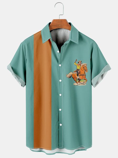 

Mens Western Denim Print Casual Vintage Short Sleeve Shirt, Green, Men's Floral shirt