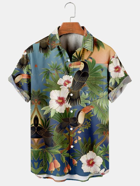 

Men's Botanical Flower and Bird Printed Casual Short Sleeve Hawaiian Shirt with Chest Pocket, Green, Men's Floral shirt