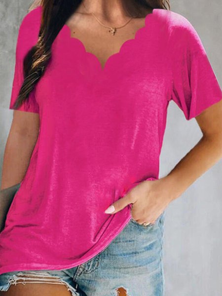 

Casual V neck Solid Short Sleeve Loosen T-Shirt, Rose red, T-Shirts