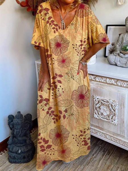 

Casual Tribal Floral Pattern Regular Fit Short Sleeve Woven Dress, Yellow, Dresses