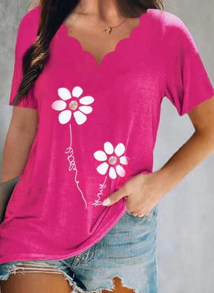 

Floral Cotton Blends Casual Short Sleeve T-Shirt, Rose red, T-Shirts