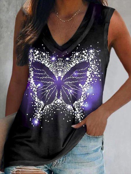 

Butterfly V neck Casual Knit Tank, Black, Tank Top