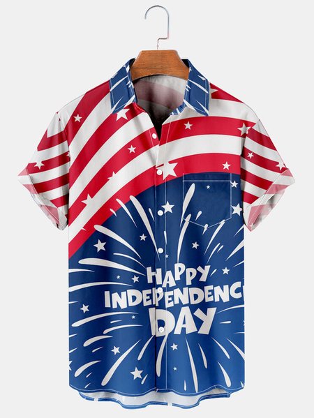 

Men's Flag Print Casual Short Sleeve Hawaiian Shirt, Blue, Men's Floral shirt