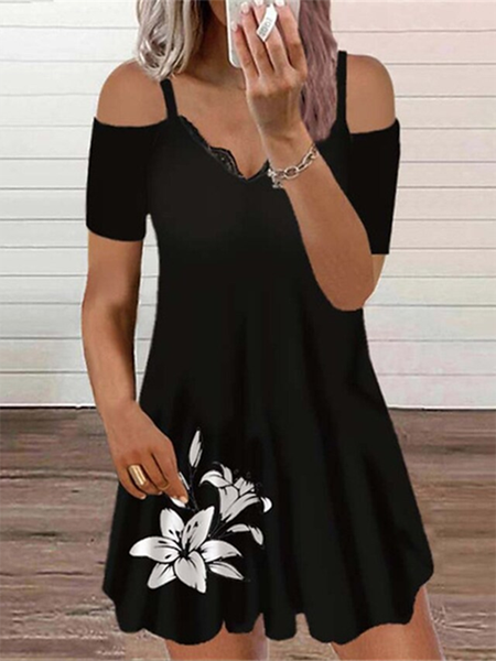 

Floral Casual Off The Shoulder Short Sleeve Dress, Black, Mini Dresses