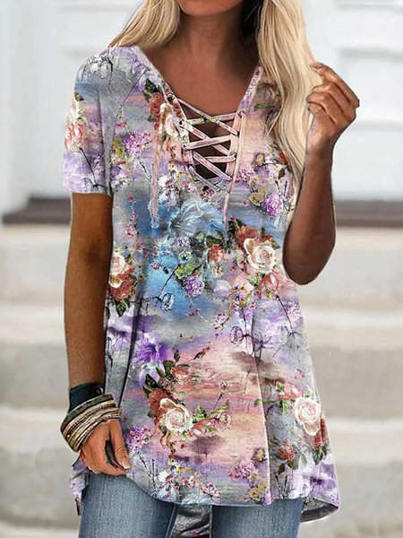 

Romantic Floral Printed Casual Loosen Cross V Neck Short Sleeve T-Shirt, Flower, T-Shirts