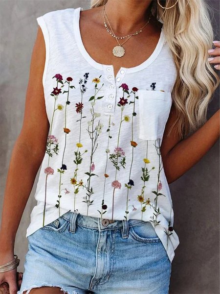 Floral Sleeveless Buttoned Pockets Plus Size Casual Tank, White, Tank Top