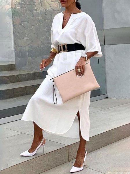 

V neck Plain Loosen Short Sleeve Woven Dress, White, Midi Dresses