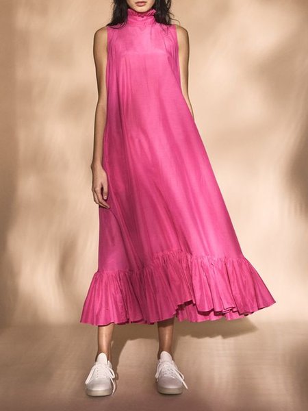 

Stand Collar Woven Dress, Rose red, Maxi Dresses