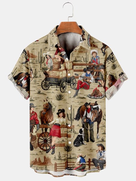

Men's Western Denim Printed Casual Short Sleeve Hawaiian Shirt with Chest Pocket, Khaki, Men's Floral shirt