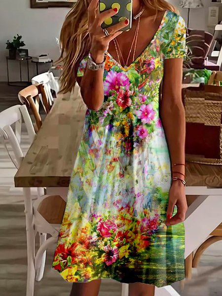 

Floral V Neck Short Sleeve Plus Size Casual Dresses, Multicolor, Mini Dresses