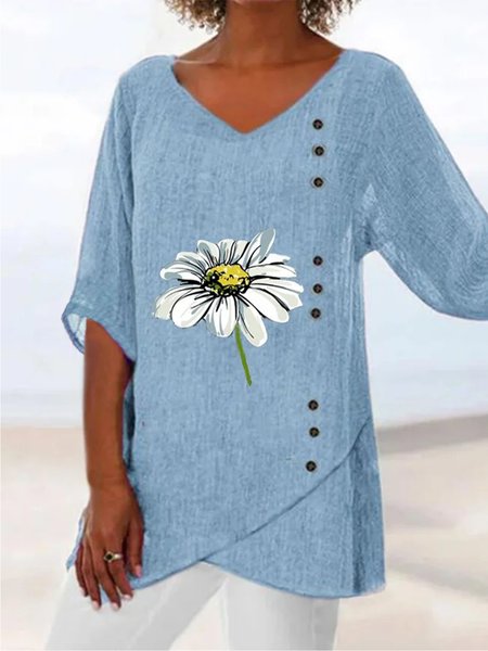 

Floral V Neck 3/4 Sleeve Plus Size Casual Tops, Blue, Tops