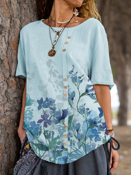 

Roun Neck Vacation Loosen Floral Short Sleeve Tops, Blue, Blouses & Shirts