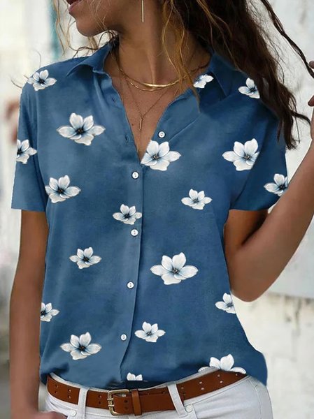 

Floral Loosen Shirt Collar Short Sleeve Blouse, Blue, Shirts & Blouses