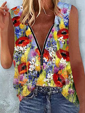 

Boho Loosen V Neck Floral Woven Tank, Multicolor, Tanks & Camis