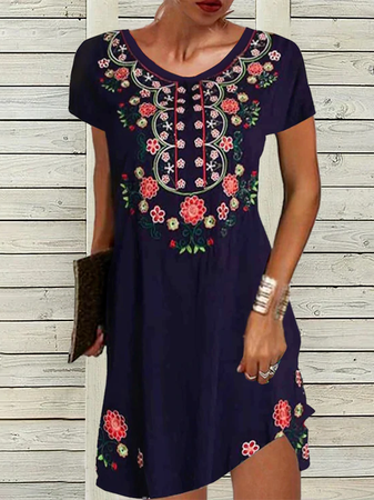 

Floral Tribal Vacation Short Sleeve Woven Dress, Black, Mini Dresses