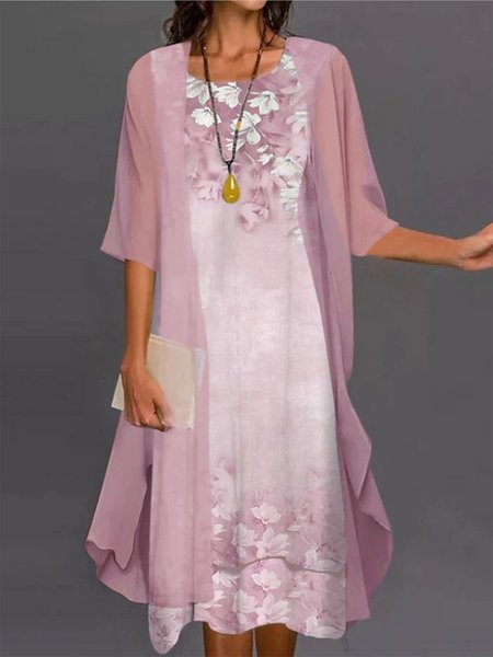 

Women's Shift Dress Midi Dress half Sleeve Floral Print Spring Summer 2PCS V Neck Casual Dress, Pink, Casual Dresses