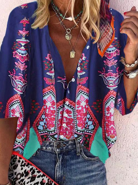 

Vintage Tribal Loosen Mid Sleeve Blouse, Navy blue, Shirts & Blouses