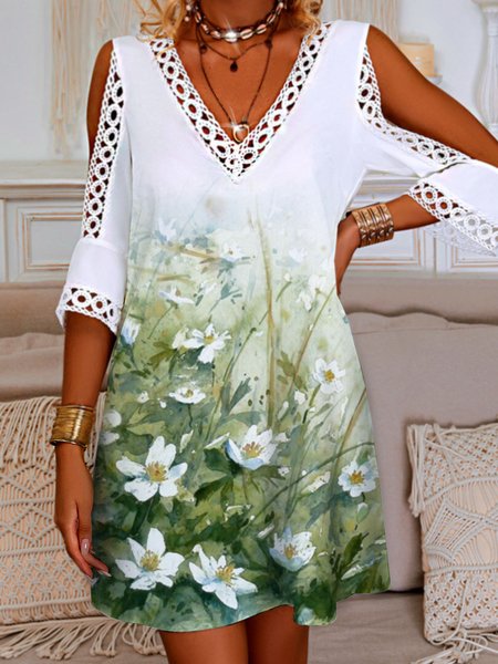 

Vacation Plants Floral Printed Casual Loosen V Neck Midi Short Sleeve Woven Dress, White, Mini Dresses