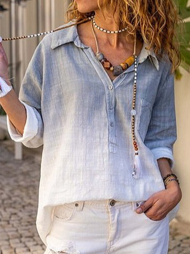 

Shirt Collar Cotton Blends Loosen Long Sleeve Blouse, Gray, Blouses & Shirts