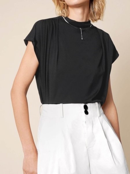 

Summer Lightweight High Stretch Loosen Stand Collar Short Sleeve Daily T-Shirt, Black, Tees