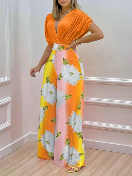 

Floral Cross Front Elegant Two Piece Set, Orange, Pants Set