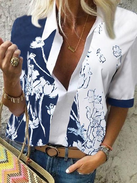 

Boho Shirt Collar Short Sleeve Blouse, Blue, Blouses & Shirts