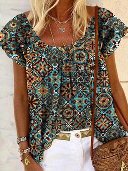 

JFN Round Neck Tribal Loosen Casual Blouse, Multicolor, T-Shirts