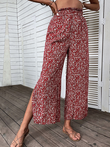 

Vacation floral Loosen beach long Pants, Wine red, Pants