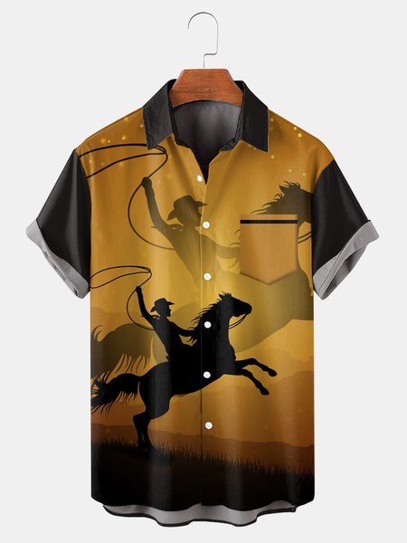 

Vintage Denim Graphic Men's Casual Short Sleeve Shirt, Yellow, Men's Floral shirt