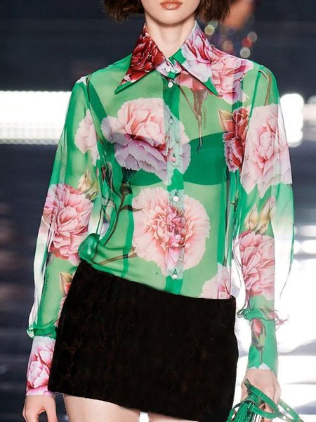 

Shirt Collar Elegant Shirt Sleeve Long Sleeve Blouse, Green, Blouses and Shirts