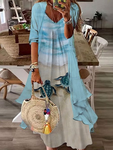 

Holiday Beach daily sea turtle Print Chiffon two-piece suit long dress Plus Size, Multicolor, Suit Set