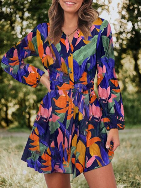 

vacation Shirt Collar Sexy Long Sleeve mini dress beach floral leaves Woven Dress, Multicolor, Dresses